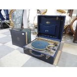 A vintage Swiss Paillard gramophone and records