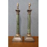 A pair of French white metal and green marble Corinthian column table lamps