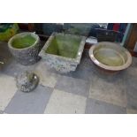 Two concrete garden planters, a figural frog water feature and a terracotta planter