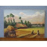 Post Impressionist School, rural landscape with workers in a field, oil on canvas, indistinctly