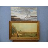 Chaz J. Simkins, coastal landscape, oil on board, dated 1972 and a print of 19th Century London