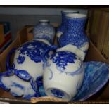 A collection of blue and white china including a Fenton vase, a Staffordshire two handled vase, a