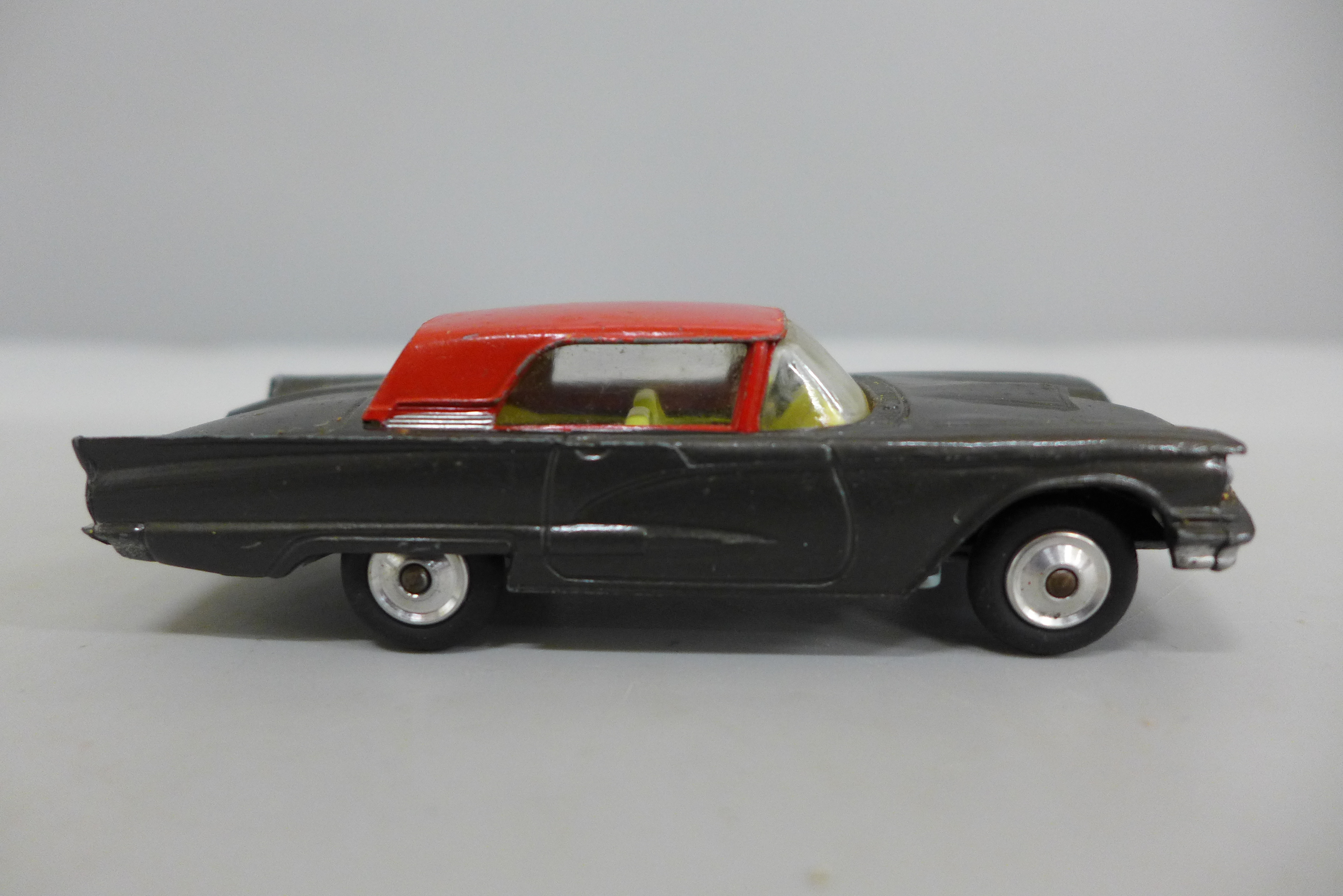 A Corgi Toys no.214S Ford Thunderbird, hard top metallic grey body with red roof and lemon interior, - Image 2 of 3