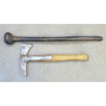 A WWI period fireman's axe, marked Gilpin, and an African fighting stick