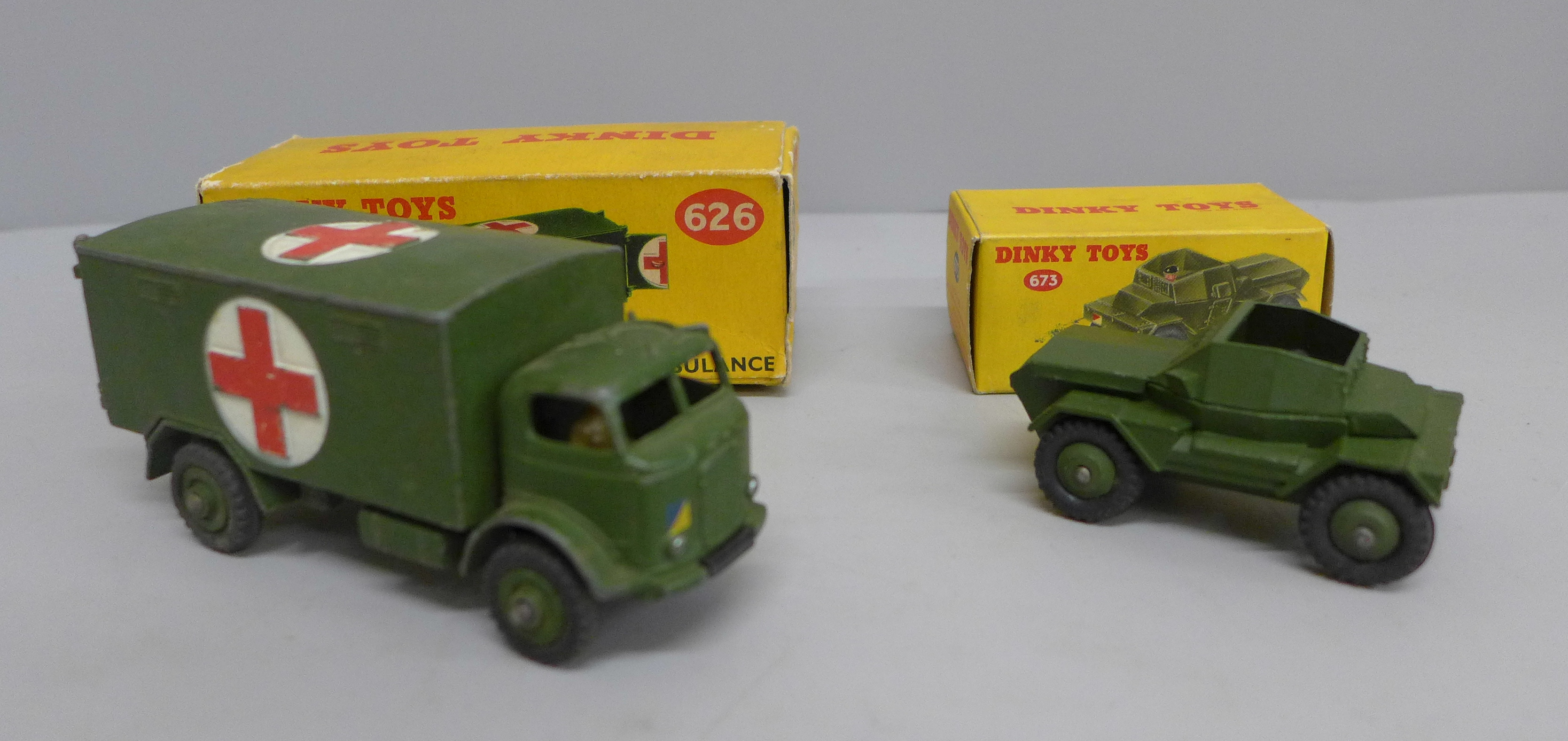 A Dinky Toys 626 Military Ambulance and Dinky Toys 673 Scout Car, both boxed