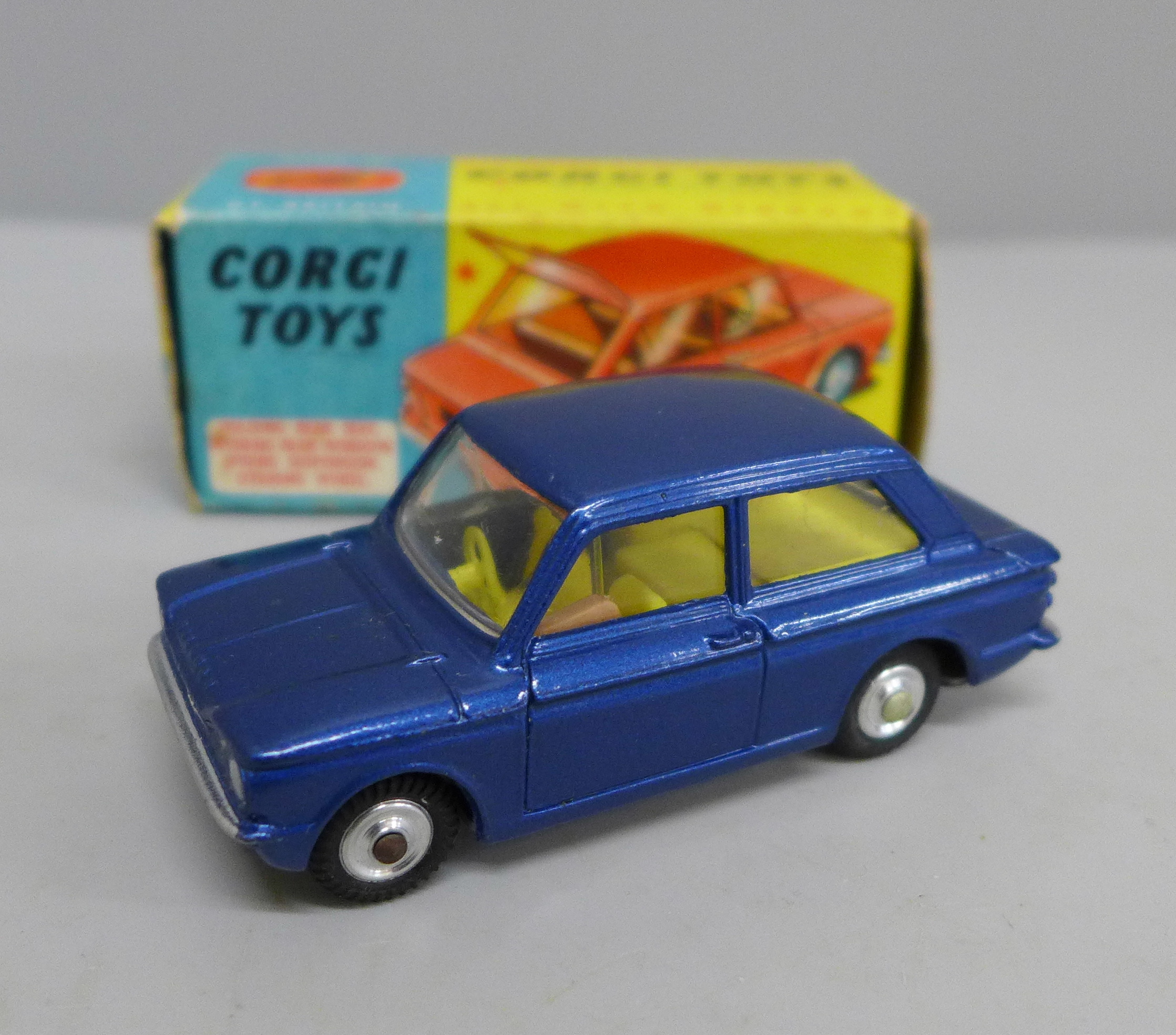 A Corgi Toys no.251 Hillman Imp, blue body with yellow interior, in original box with operating