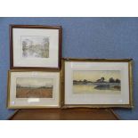 Two English School watercolours, landscapes and a print, all framed