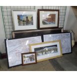 H.H., Nottingham Canal, watercolour, two maps of Nottinghamshire, four assorted prints and a mirror