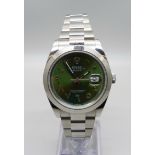 A Rolex Oyster Perpetual Datejust wristwatch with aftermarket custom olive green dial and Arabic