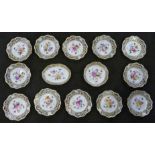 A 19th Century Meissen fourteen piece part dinner service, each piece decorated with birds,