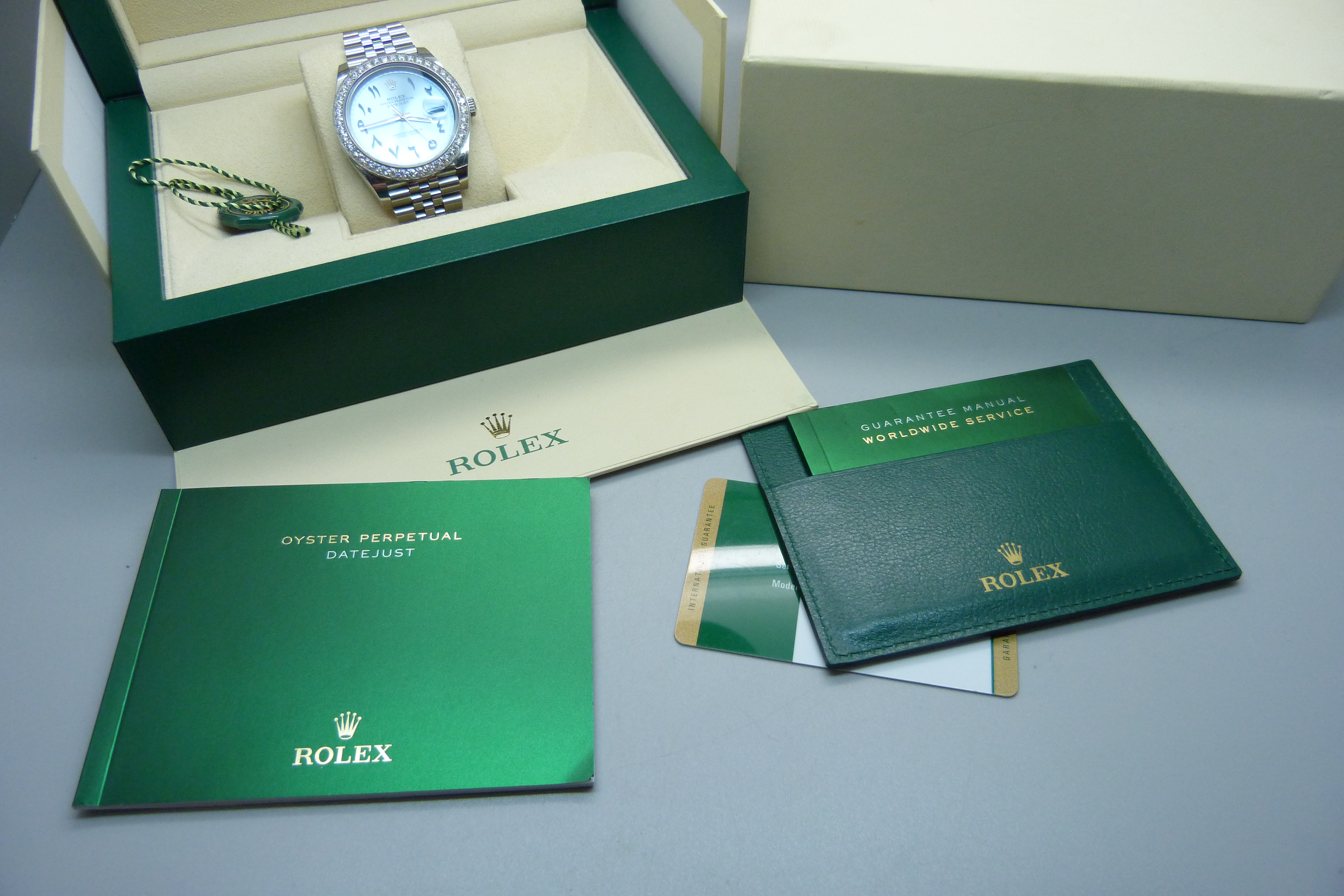 A Rolex Oyster Perpetual Datejust wristwatch with aftermarket custom ice blue dial and Arabic - Image 8 of 9