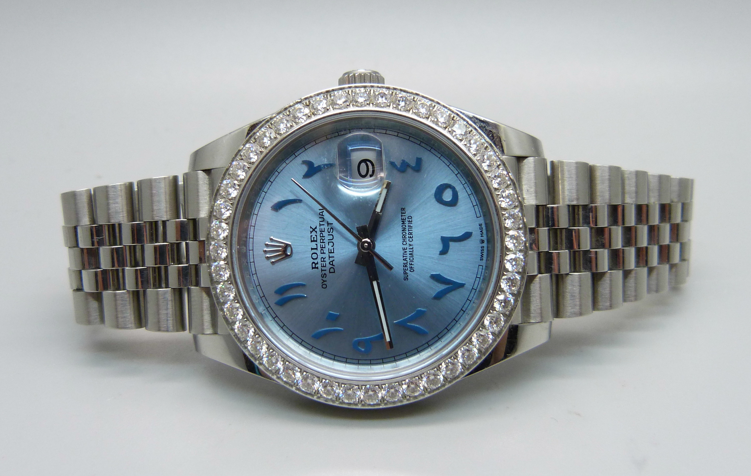 A Rolex Oyster Perpetual Datejust wristwatch with aftermarket custom ice blue dial and Arabic - Image 6 of 9