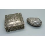 An 800 silver trinket box and a white metal shell shaped box with gilt interior, square box 65mm x