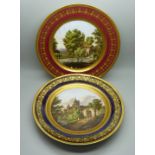A pair of continental hand painted cabinet plates, view of a chateau and a view of a watermill, 23cm