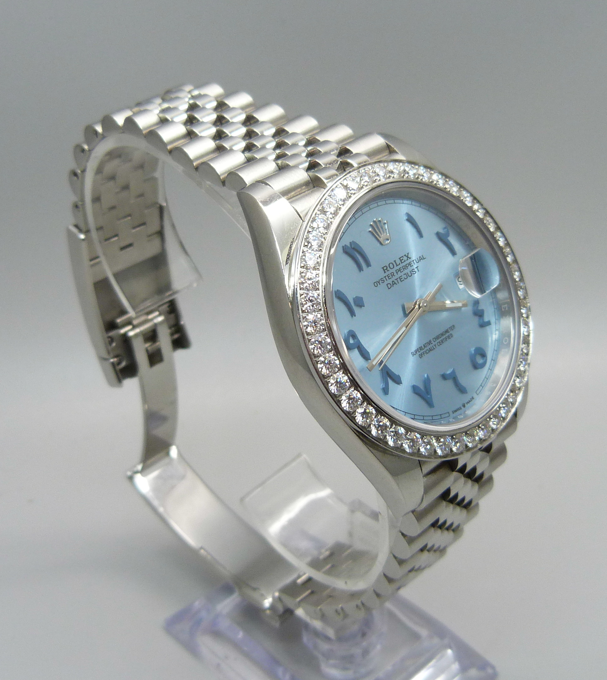 A Rolex Oyster Perpetual Datejust wristwatch with aftermarket custom ice blue dial and Arabic - Image 3 of 9
