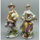 A pair of 19th Century German porcelain figures, musicians, one a/f, 14cm