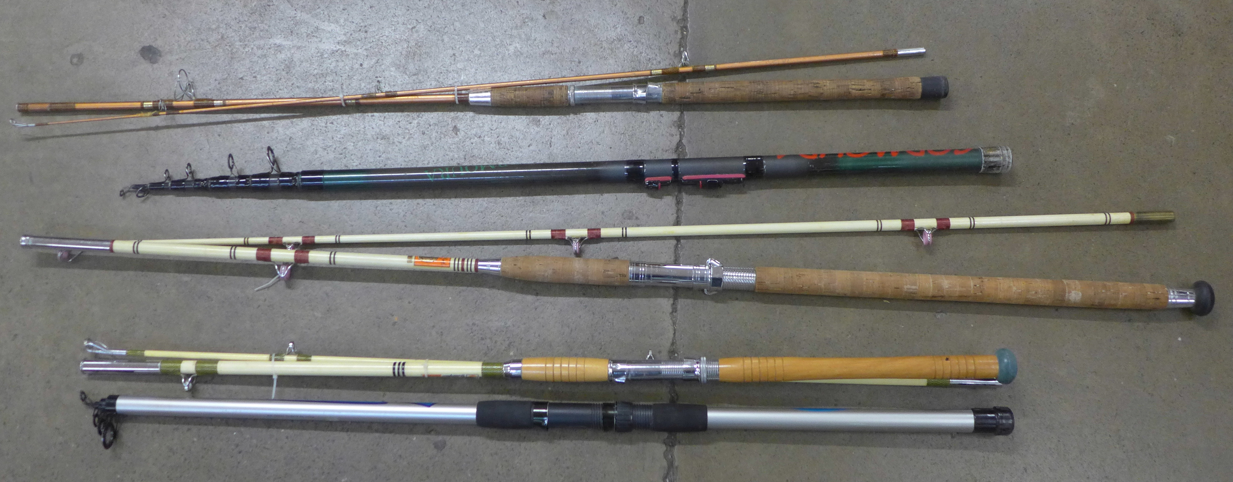 A collection of sea fishing rods including Shakespeare, The Dover sea rod, mainly 1970's