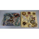 Vintage and other bead necklaces including simulated pearl and jade and a cushion of brooches