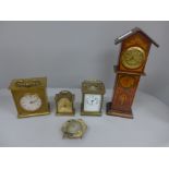 Five clocks including Art Nouveau miniature Grandfather clock, two carriage clocks and a Swiza