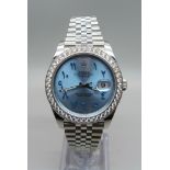 A Rolex Oyster Perpetual Datejust wristwatch with aftermarket custom ice blue dial and Arabic
