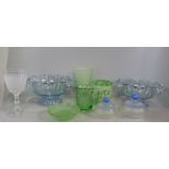 A collection of glass including Art Deco, two pale blue dishes, a 1935 Jubilee mug in green,