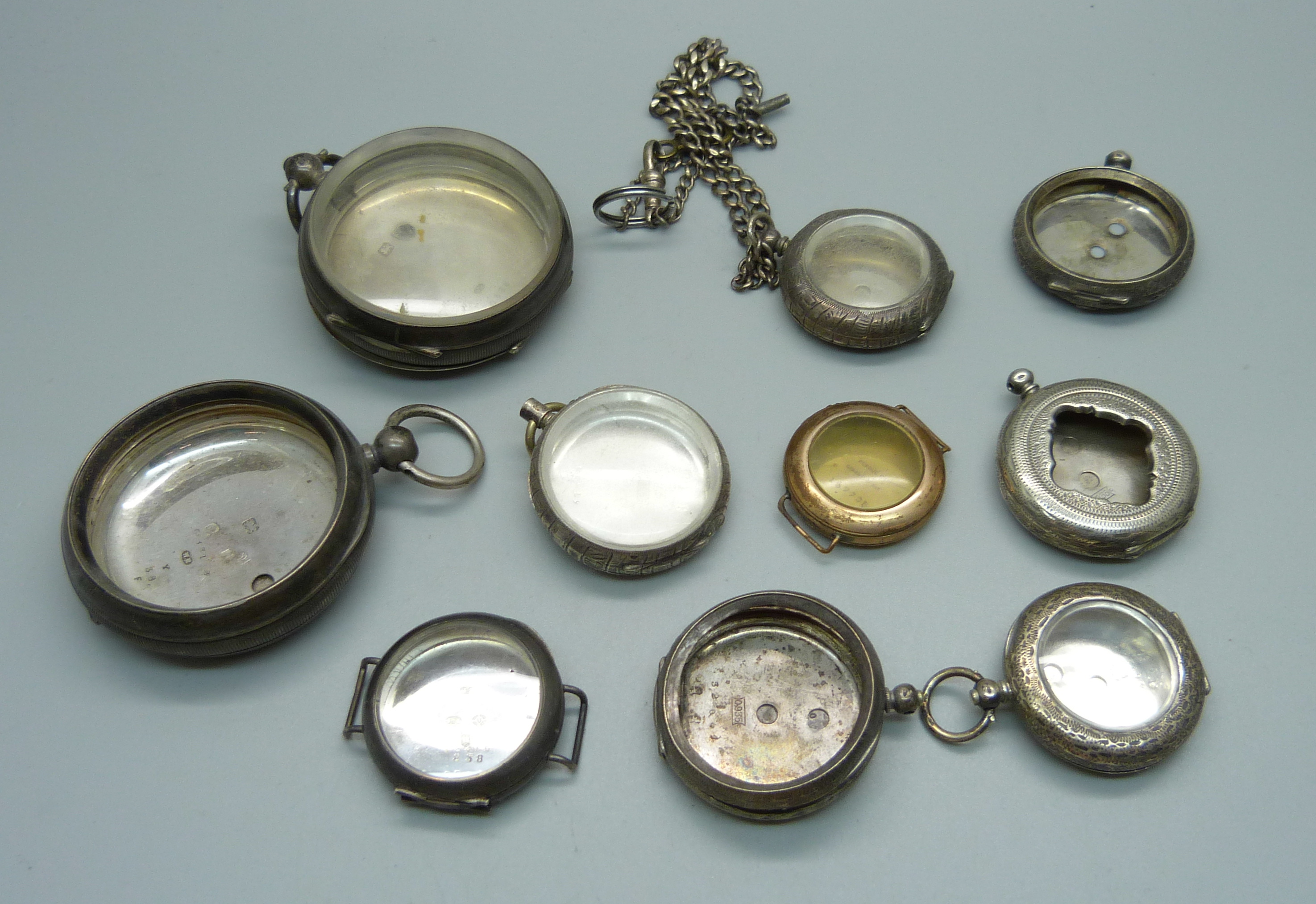 Pocket and fob watch cases, mainly silver and two trench watch cases
