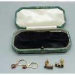 A pair of ruby earrings and a pair of sapphire earrings, both pairs set in silver gilt