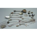 Silver jewellery, charms, four spoons and five coins