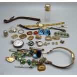 A silver topped glass bottle, a silver fob watch, jewellery, etc.