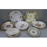 Assorted 18th/19th hand painted porcelain plates, bowl and dishes, including a Meissen bowl