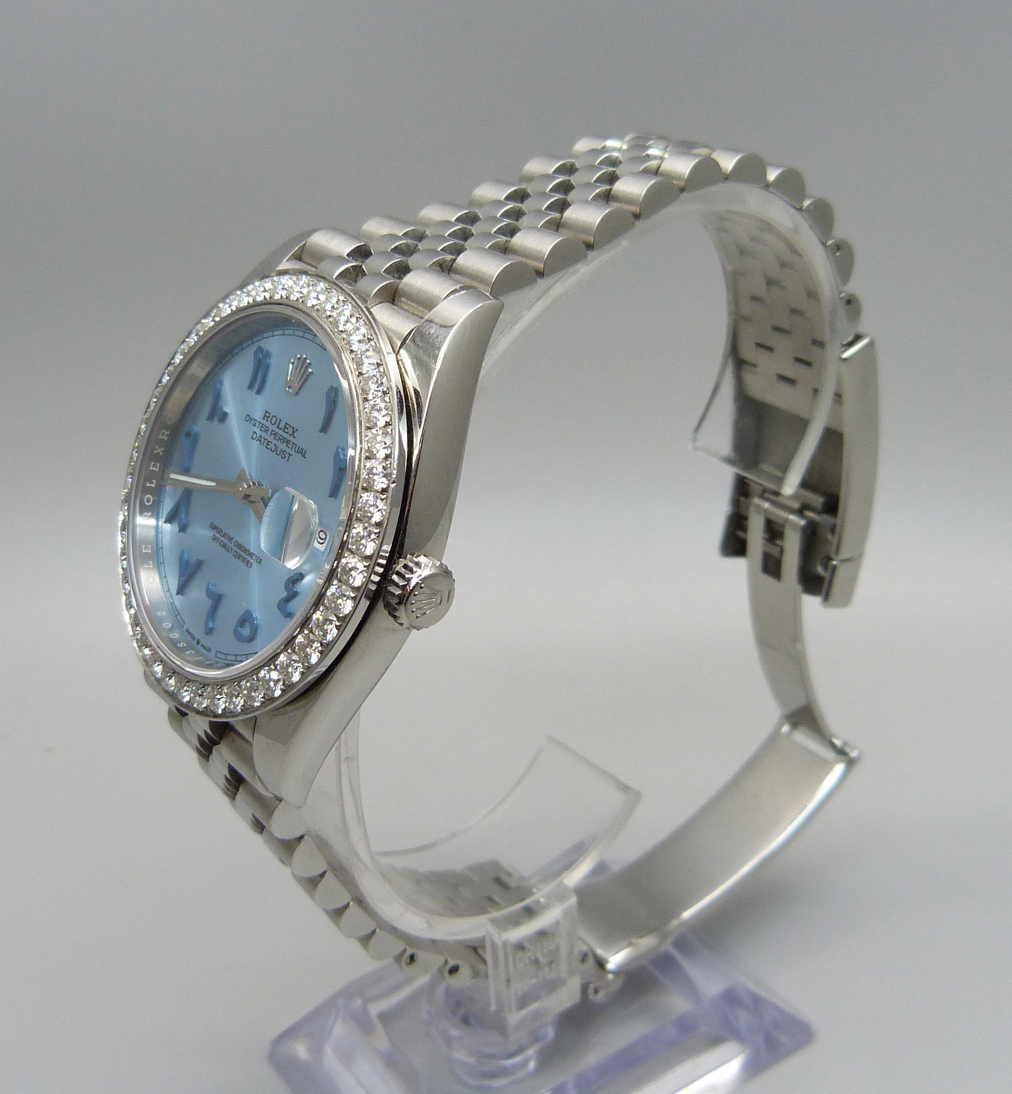 A Rolex Oyster Perpetual Datejust wristwatch with aftermarket custom ice blue dial and Arabic - Image 2 of 9