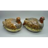 Two 19th Century Meissen model partridges on nests, one a/f, 14cm