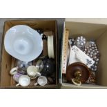 A box of ceramic thimbles with display stands, a box of glassware, plated ware, china including