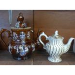 A bargeware tea pot, spout on lid a/f, and one other teapot