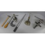 Jeweller's tools:- a ring stretcher, jeweller's vice with anvil, hammer, ring sizer, ring gauges and