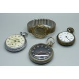A railway pocket watch, a military pocket watch, a Timex wristwatch and a pedometer