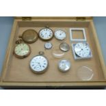 A box with pocket watches, including one silver, all a/f