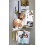 Metalwares including a copper kettle, pair of brass candlesticks, brass bell, plated cutlery, two