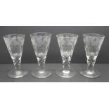 Four 19th Century glasses, conical bowl, etched with grapes and vines, 12cm