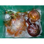A box of mixed glass, orange carnival glass, etched wines, cranberry glass decanter lacking stopper,