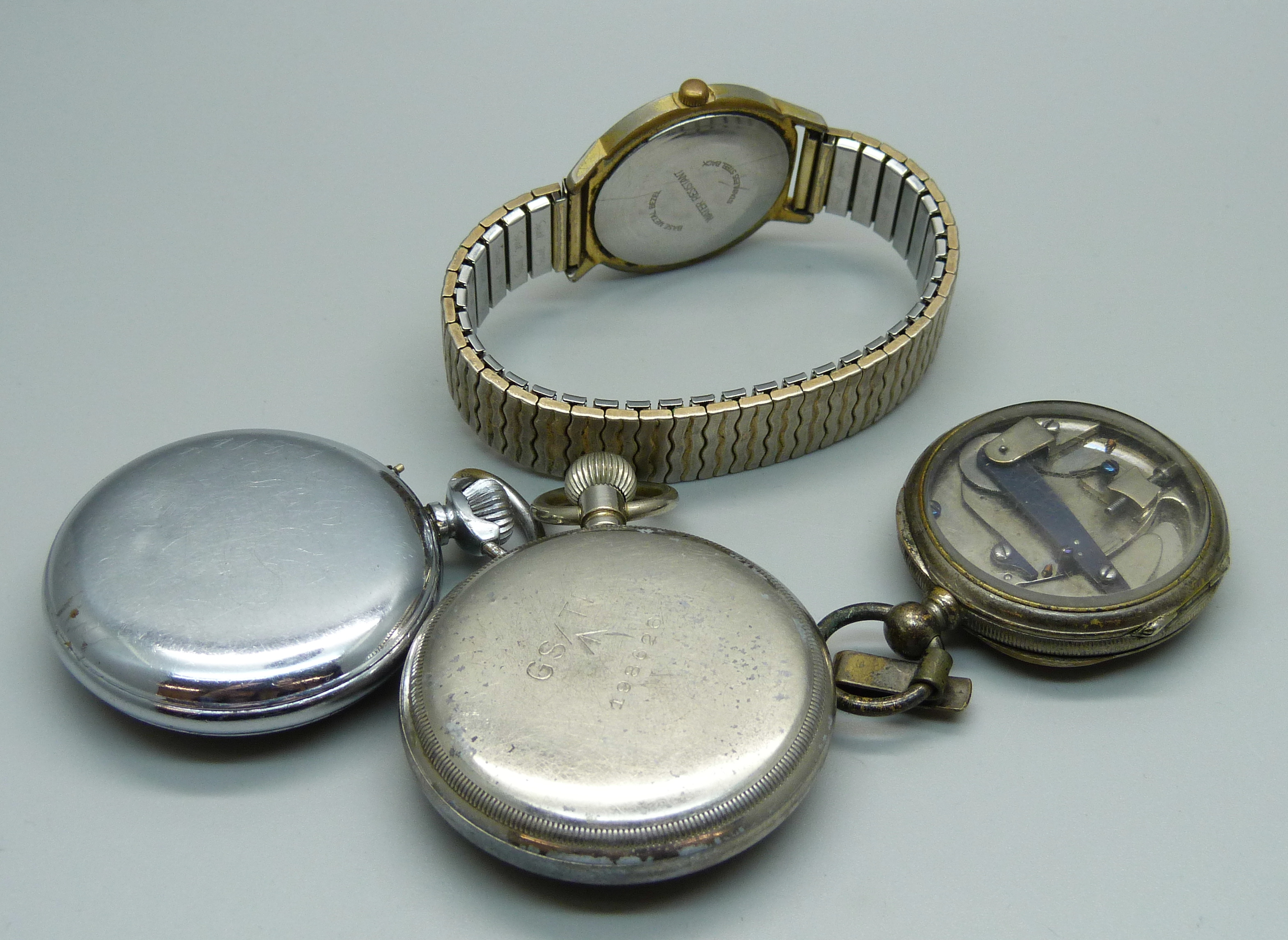 A railway pocket watch, a military pocket watch, a Timex wristwatch and a pedometer - Image 3 of 3