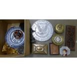 A brass box, sliding bookstand, two Willow Tree pattern plates, cast metal figure of an angel,
