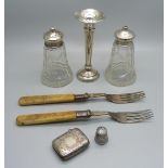 A Victorian silver vesta, silver thimble, silver posy vase, silver topped salt and pepper pots and
