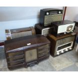 A vintage Pye continental radio, a GEC radio and four others