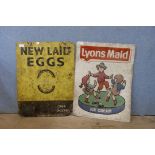 Two vintage metal signs, Lyons Maid and New Laid Eggs