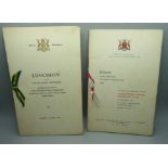 Two Nottingham Forest celebration dinner menus, signed by members of 1956/7 promotion winning side