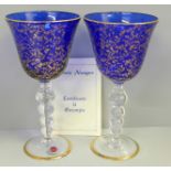 A pair of Venice Art Murano glass goblets, with certificate