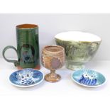 Five items of studio pottery including a pair of Jo Lester owl dishes and a Cinque Ports Pottery