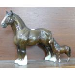 A Beswick shire horse and foal, chip to ear of foal