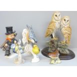 Four Goebel figures including three birds, one other Goebel figure a/f, a Beswick figure of a wren